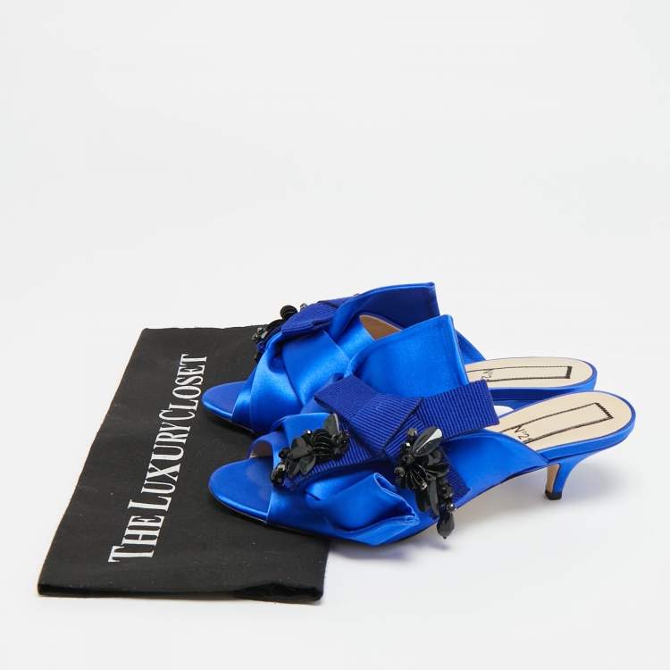 Pre Owned N21 Bow Size 38 Blue Satin Kitten Heel Slide Sandals