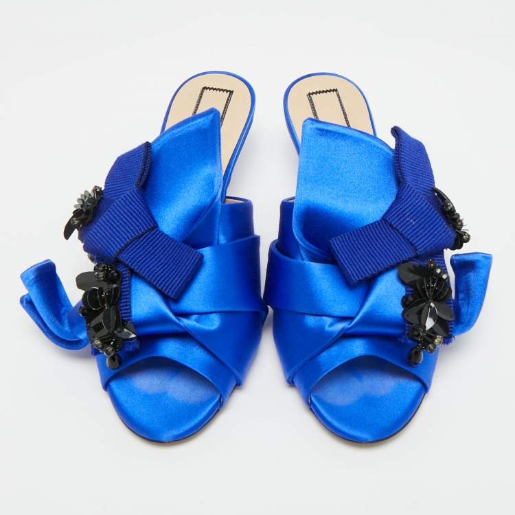 Pre Owned N21 Bow Size 38 Blue Satin Kitten Heel Slide Sandals