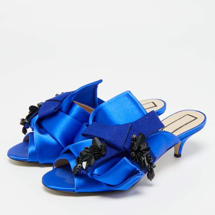 Pre Owned N21 Bow Size 38 Blue Satin Kitten Heel Slide Sandals