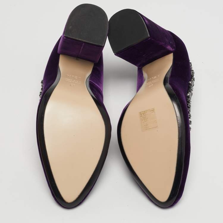 Pre Owned N21 Size 41 Purple Velvet Crystal Embellished T Strap Block Heel Pumps