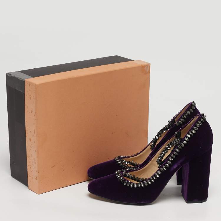 Pre Owned N21 Size 41 Purple Velvet Crystal Embellished T Strap Block Heel Pumps