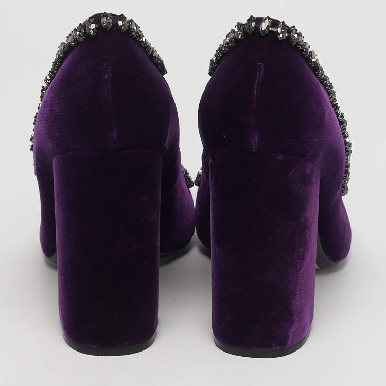 Pre Owned N21 Size 41 Purple Velvet Crystal Embellished T Strap Block Heel Pumps