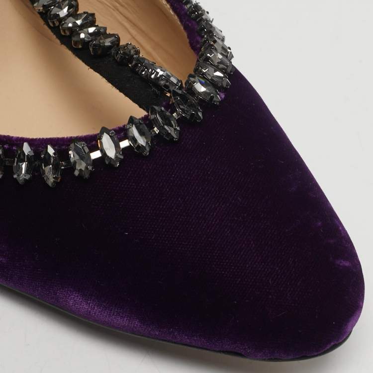 Pre Owned N21 Size 41 Purple Velvet Crystal Embellished T Strap Block Heel Pumps