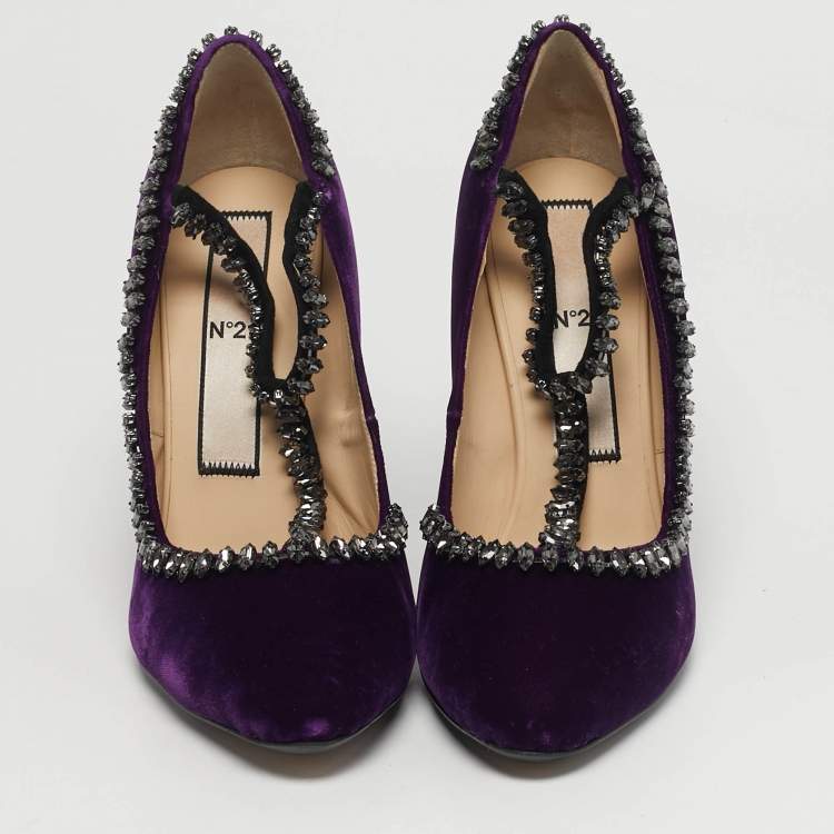 Pre Owned N21 Size 41 Purple Velvet Crystal Embellished T Strap Block Heel Pumps