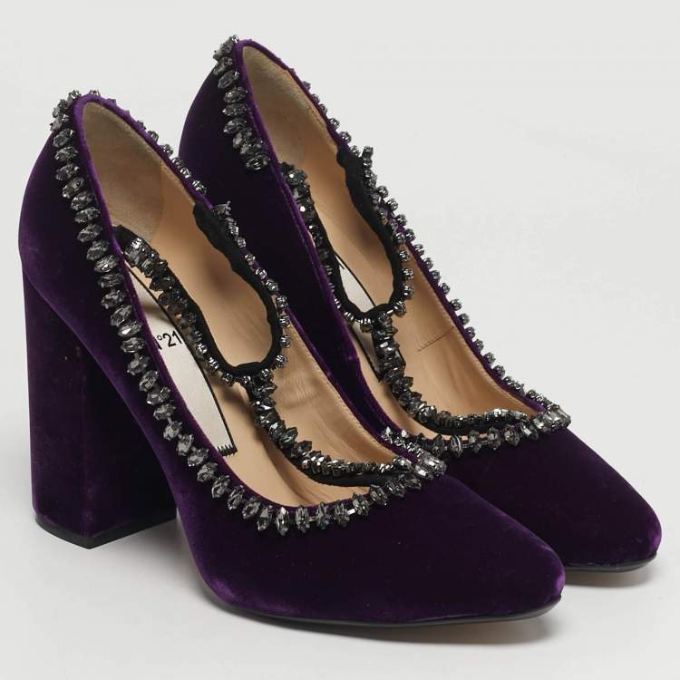 Pre Owned N21 Size 41 Purple Velvet Crystal Embellished T Strap Block Heel Pumps