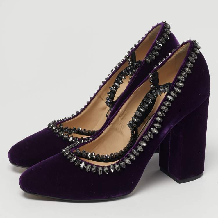 Pre Owned N21 Size 41 Purple Velvet Crystal Embellished T Strap Block Heel Pumps