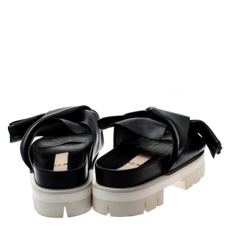 Pre Owned N21 Black Leather Bow Platform Slides Size 39
