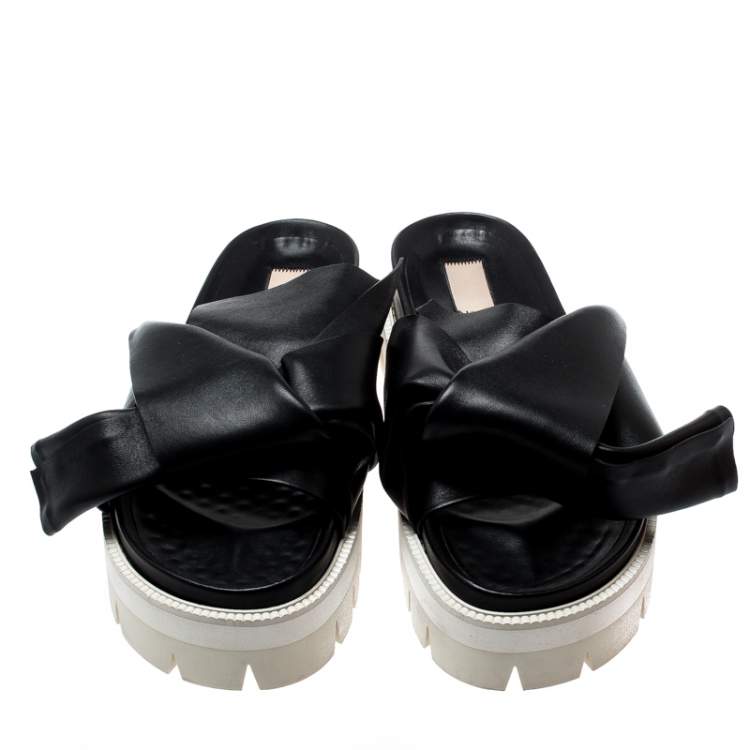 Pre Owned N21 Black Leather Bow Platform Slides Size 39