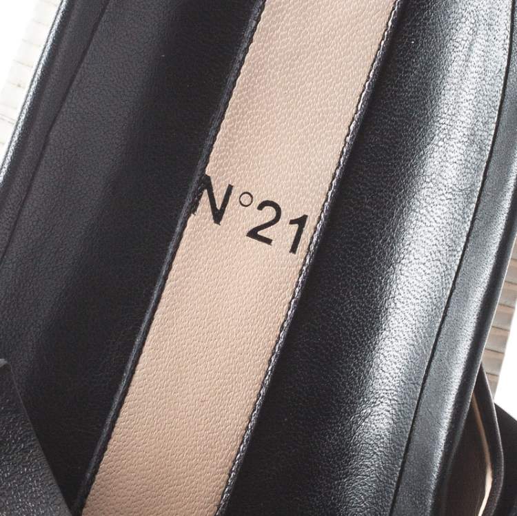 Pre Owned N21 Black Leather Bow Platform Slides Size 39