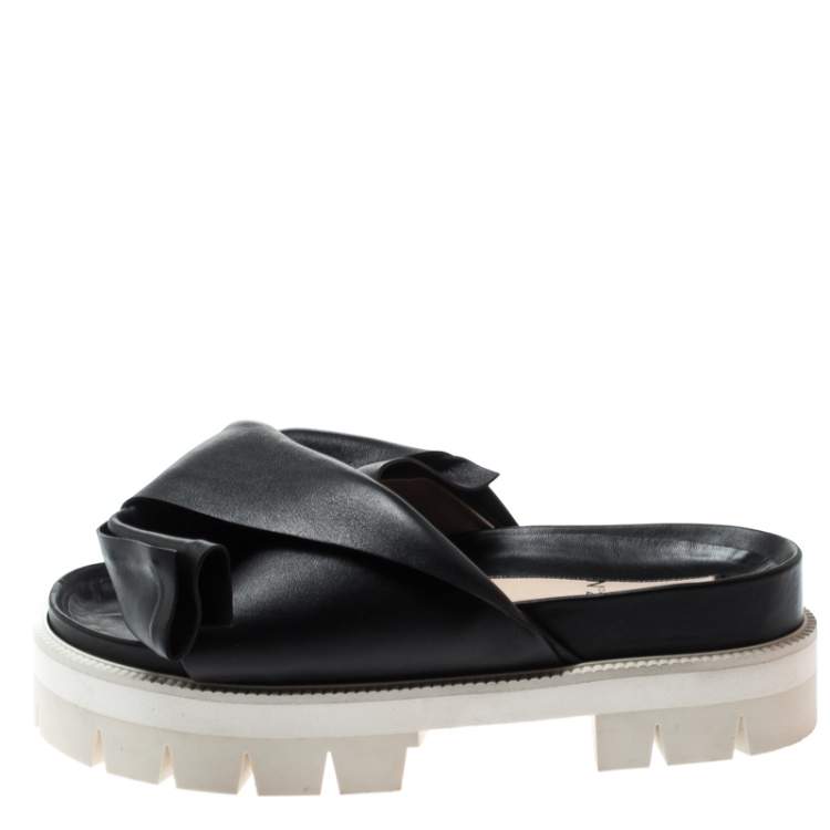 Pre Owned N21 Black Leather Bow Platform Slides Size 39