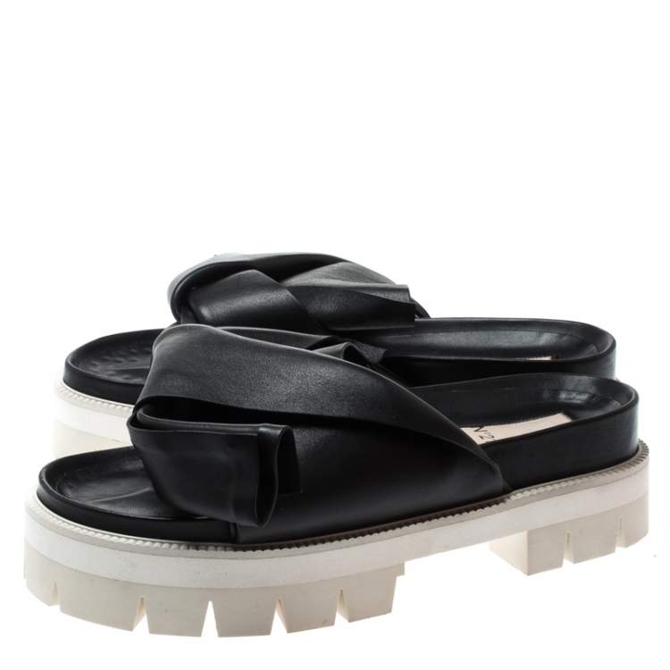 Pre Owned N21 Black Leather Bow Platform Slides Size 39