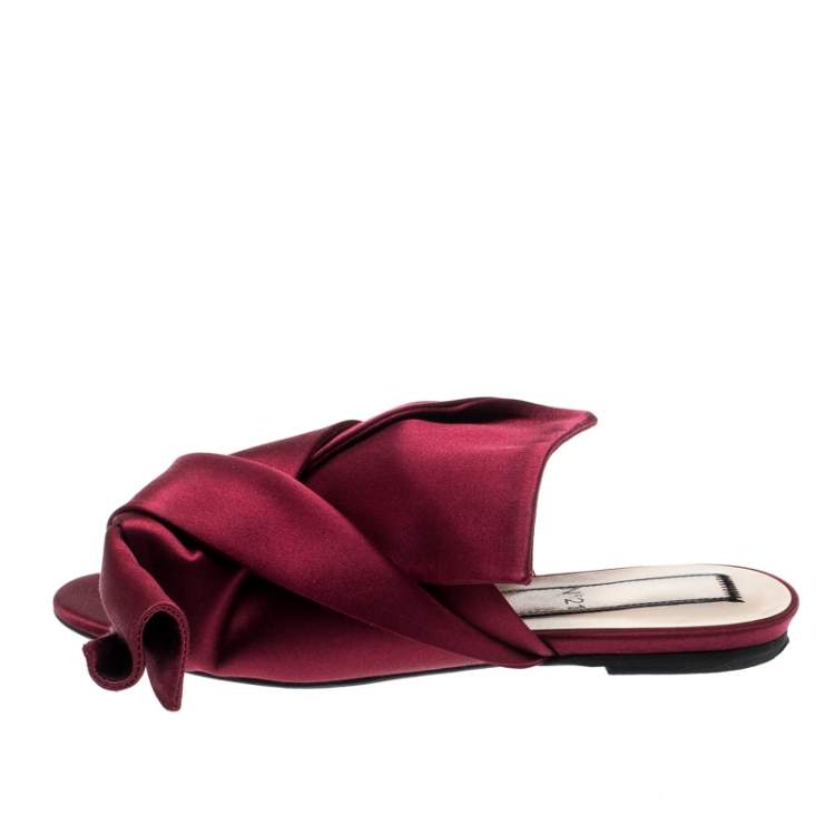 Pre Owned N21 Burgundy Satin Knot Flat Mules Size 37.5