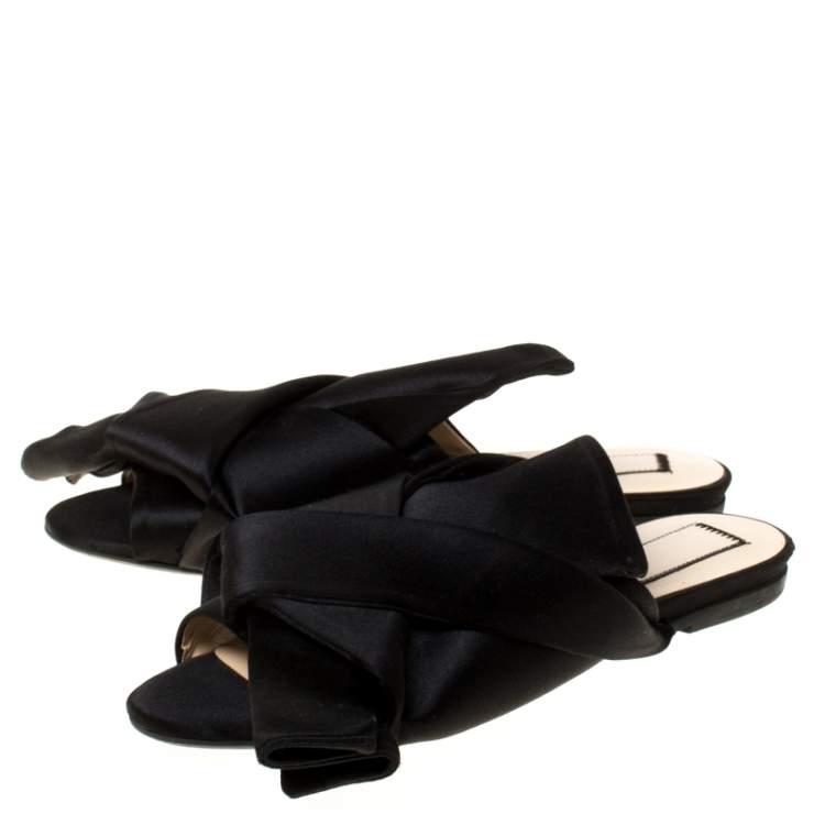 Pre Owned N21 Black Satin Knot Flat Mules Size 35.5