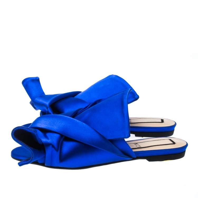 Pre Owned N21 Royal Blue Satin Knot Flat Mules Size 37