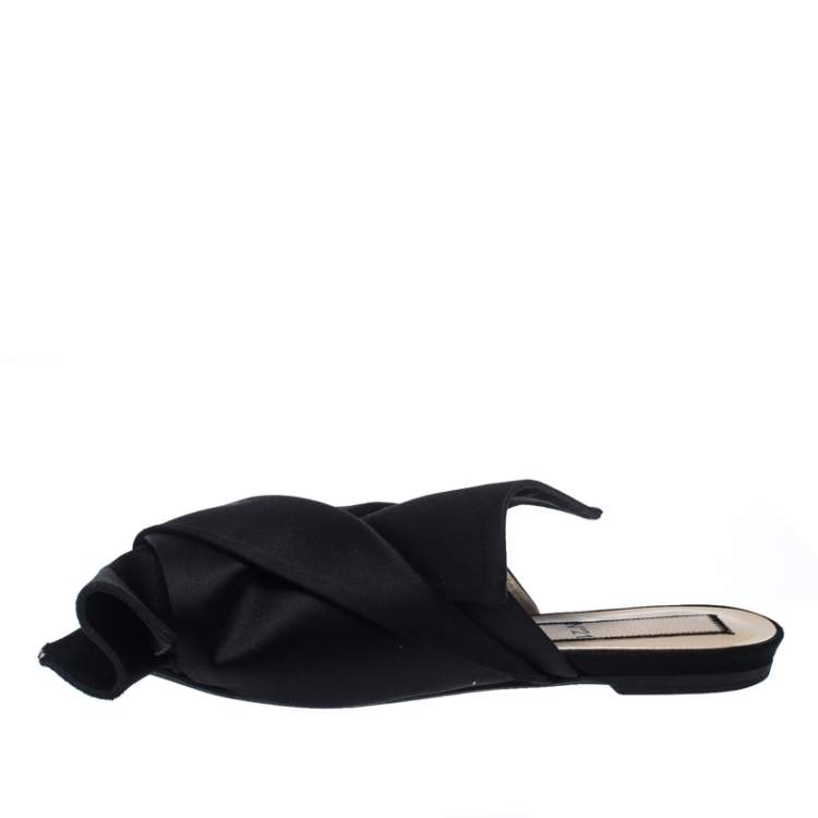 Pre Owned N21 Black Satin Knot Flat Mules Size 37.5