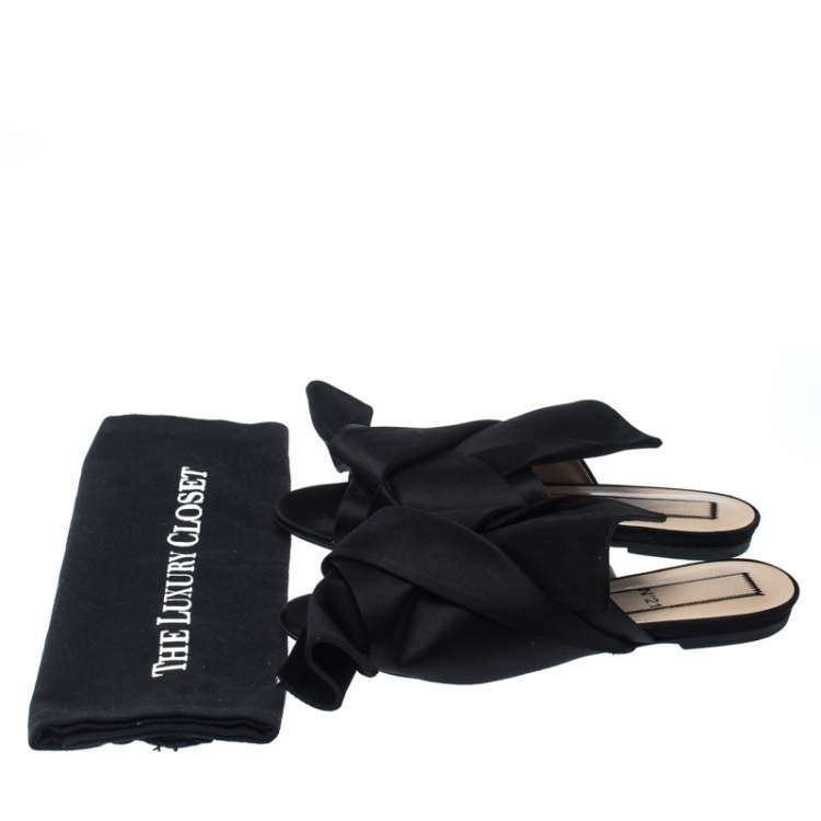 Pre Owned N21 Black Satin Knot Flat Mules Size 37.5