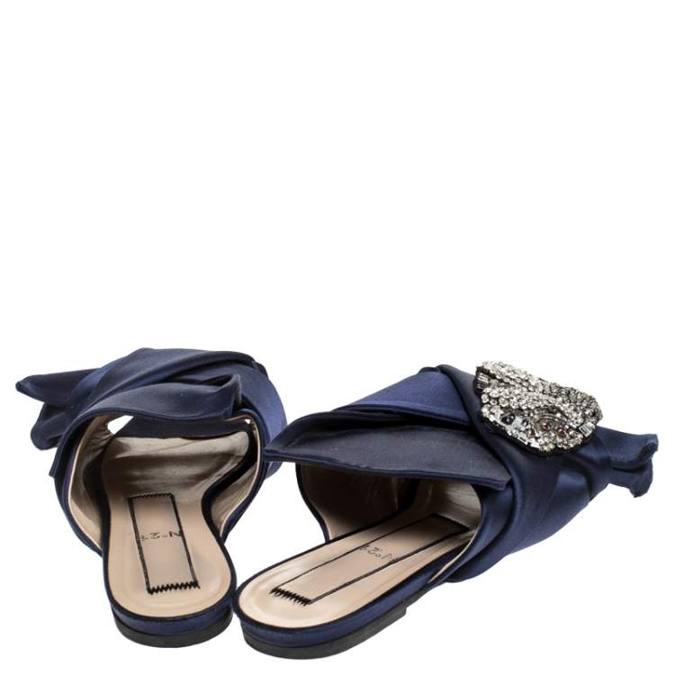 Pre Owned N21 Blue Satin Knot Embellished Mules Size 37