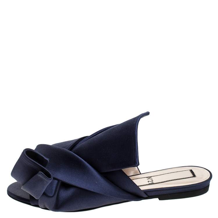 Pre Owned N21 Blue Satin Knot Flat Mules Size 37