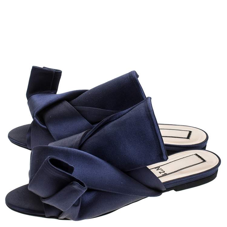 Pre Owned N21 Blue Satin Knot Flat Mules Size 37