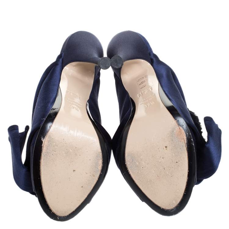 Pre Owned N21 Navy Blue Satin Raso Knot Peep Toe Mules Size 37.5