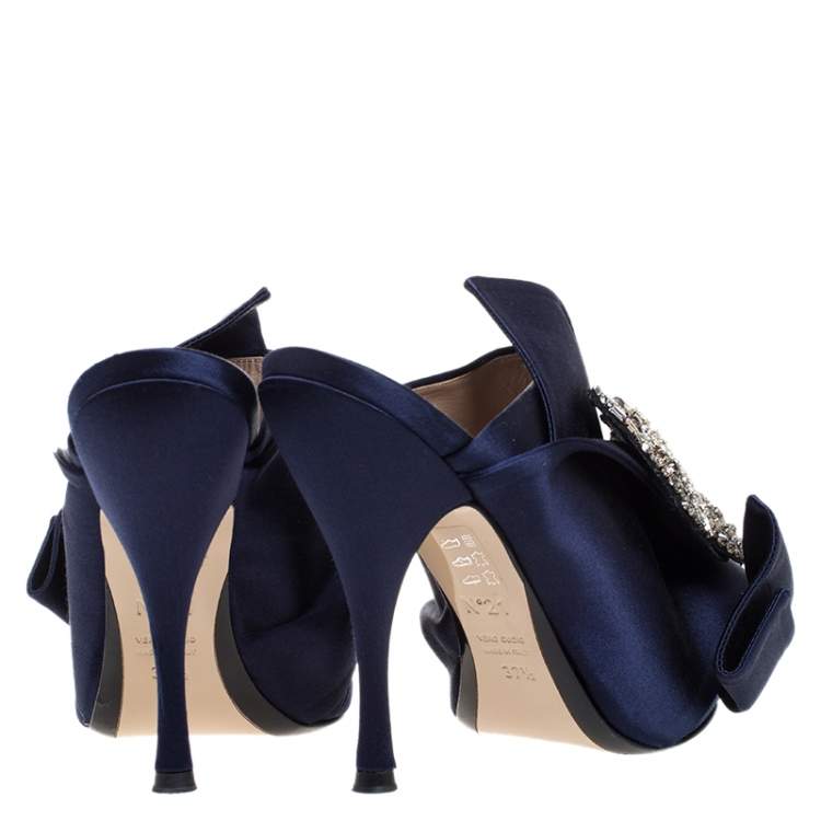 Pre Owned N21 Navy Blue Satin Raso Knot Peep Toe Mules Size 37.5