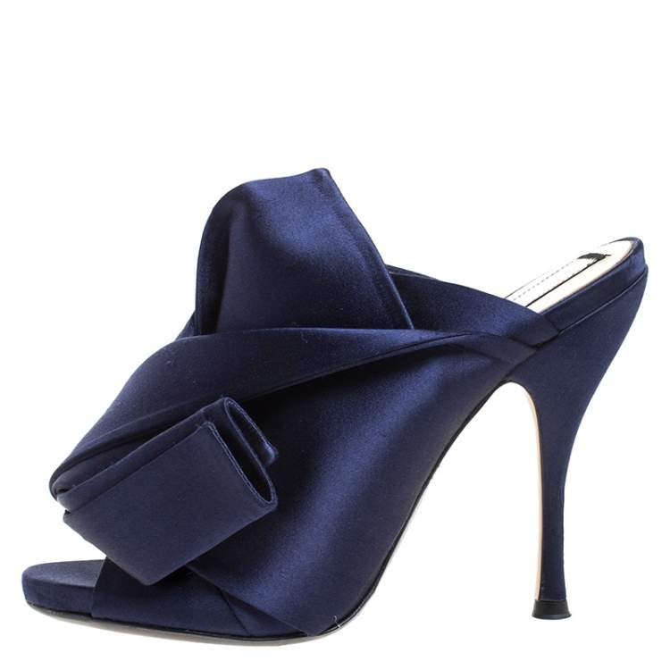 Pre Owned N21 Navy Blue Satin Raso Knot Peep Toe Mules Size 37.5