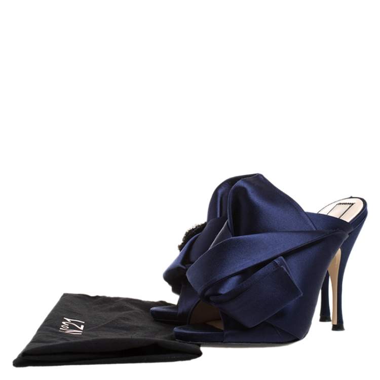 Pre Owned N21 Navy Blue Satin Raso Knot Peep Toe Mules Size 37.5