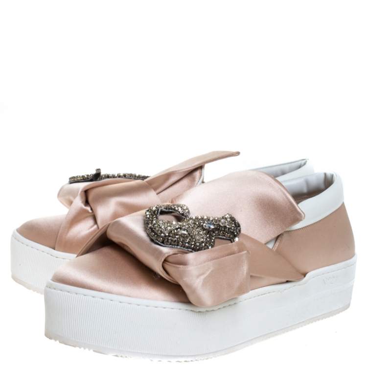 Pre Owned N21 Beige Satin Crystal Embellished Bow Skate Cat Slip on Sneakers Size 37
