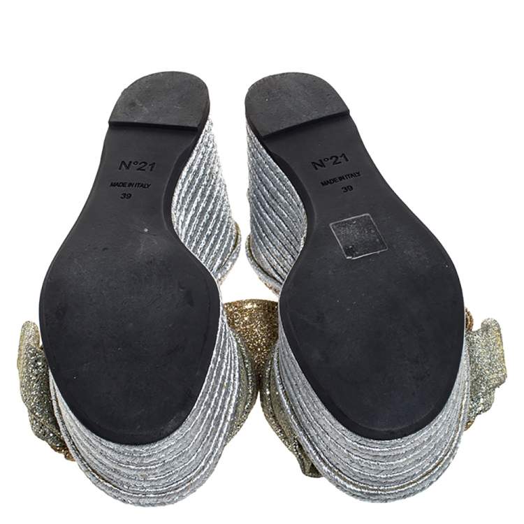 Pre Owned N21 Silver/Gold Glitter Fabric Raso Knot Espadrille Platform Wedge Sandals Size 39
