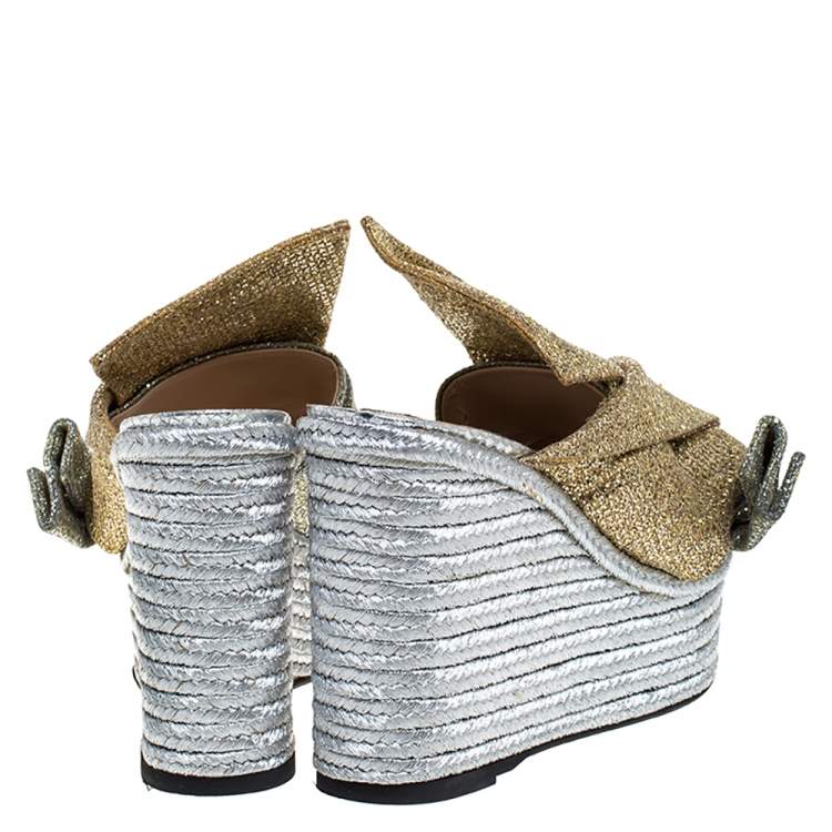 Pre Owned N21 Silver/Gold Glitter Fabric Raso Knot Espadrille Platform Wedge Sandals Size 39