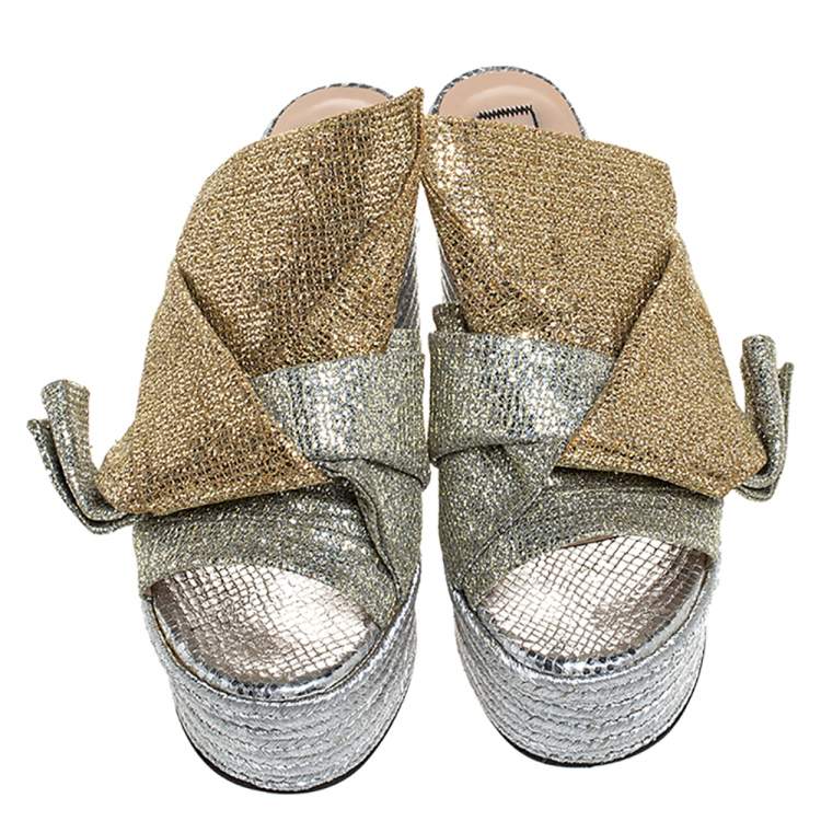 Pre Owned N21 Silver/Gold Glitter Fabric Raso Knot Espadrille Platform Wedge Sandals Size 39