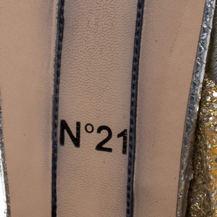 Pre Owned N21 Silver/Gold Glitter Fabric Raso Knot Espadrille Platform Wedge Sandals Size 39