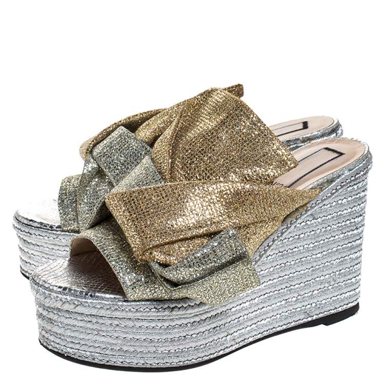 Pre Owned N21 Silver/Gold Glitter Fabric Raso Knot Espadrille Platform Wedge Sandals Size 39
