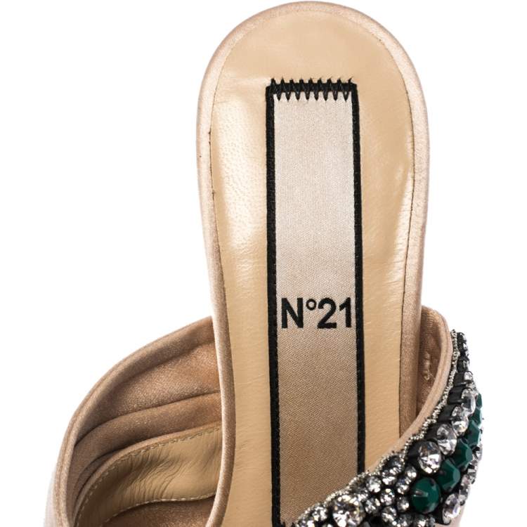 Pre Owned N21 Beige Satin Embellished Cipria Mule Sandals Size 36