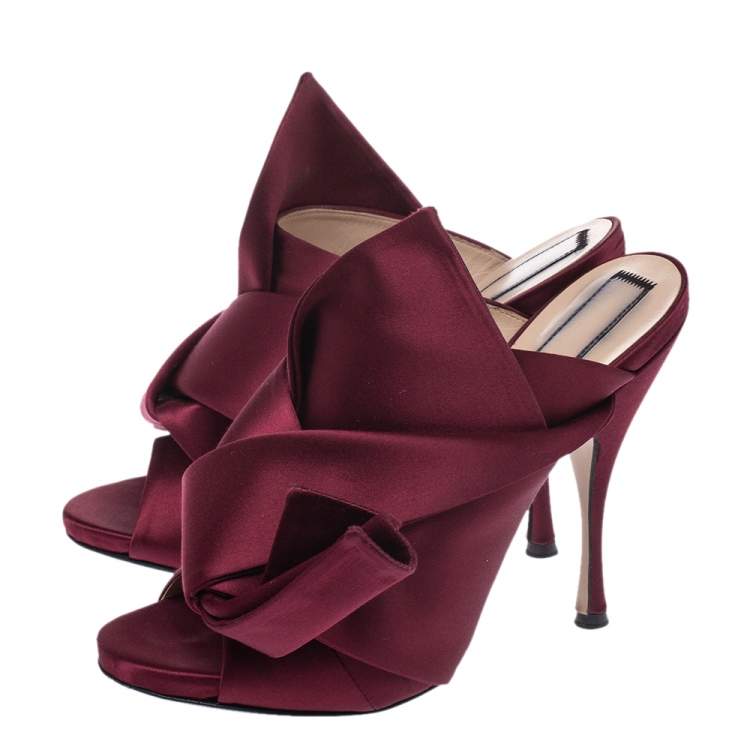 Pre Owned N21 Burgundy Satin Raso Knot Peep Toe Mules Size 40