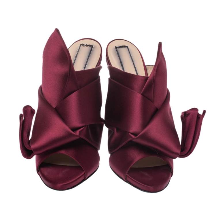 Pre Owned N21 Burgundy Satin Raso Knot Peep Toe Mules Size 40