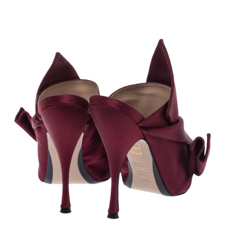 Pre Owned N21 Burgundy Satin Raso Knot Peep Toe Mules Size 40