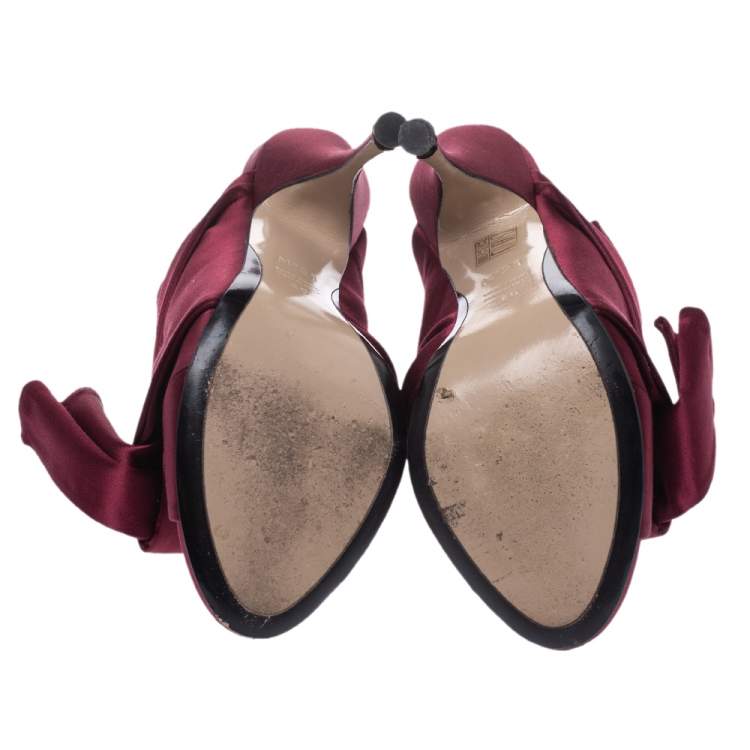 Pre Owned N21 Burgundy Satin Raso Knot Peep Toe Mules Size 40