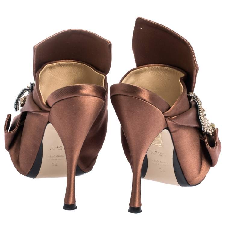 Pre Owned N21 Brown Embellished Satin Knot Mules Sandals Size 38
