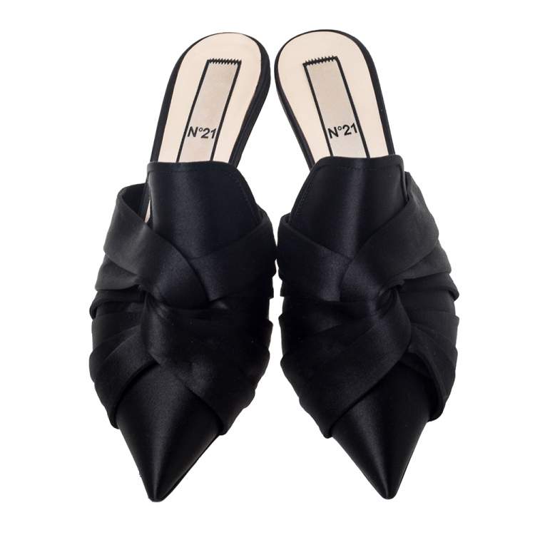 Pre Owned N21 Black Satin Knot Pointed Toe Heel Slippers Size 40