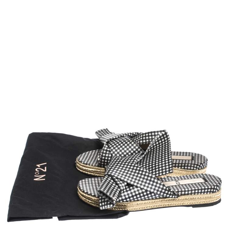 Pre Owned N21 Black White/Black Check Satin Open Toe Flat Slides Size 38.5