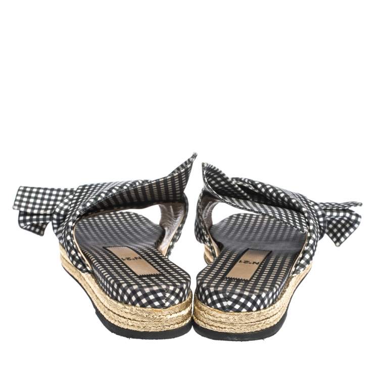 Pre Owned N21 Black White/Black Check Satin Open Toe Flat Slides Size 38.5