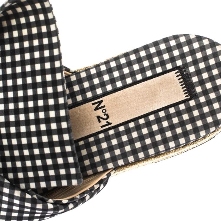 Pre Owned N21 Black White/Black Check Satin Open Toe Flat Slides Size 38.5