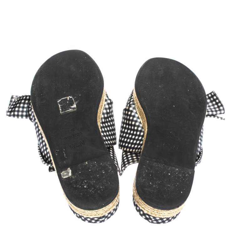 Pre Owned N21 Black White/Black Check Satin Open Toe Flat Slides Size 38.5