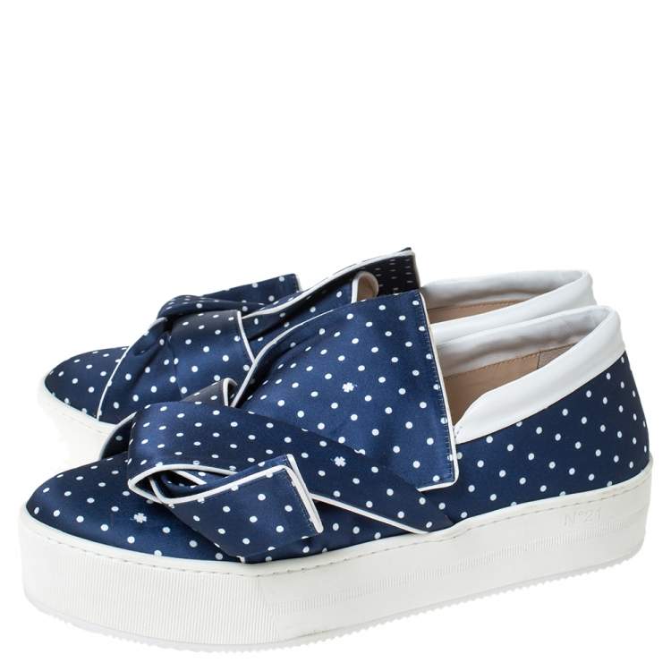 Pre Owned N21 Blue Polka Dot Satin Knotted Slip on Sneakers Size 38