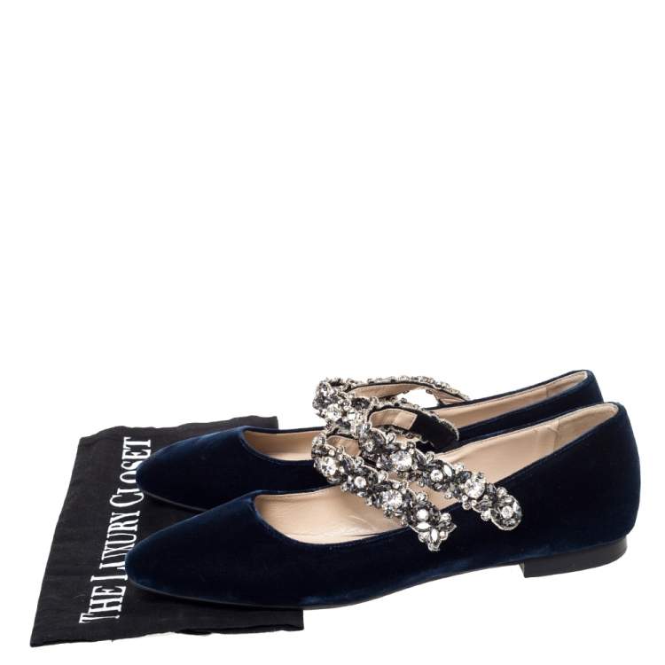 Pre Owned N°21 Blue Velvet Embellished Strappy Ballet Flats Size 39