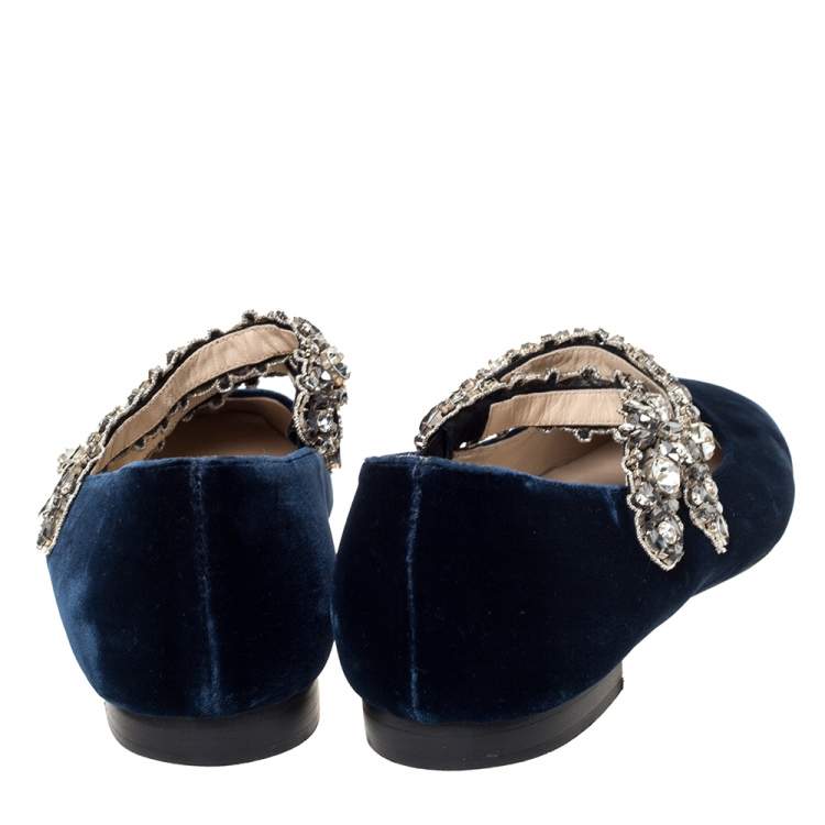 Pre Owned N°21 Blue Velvet Embellished Strappy Ballet Flats Size 39