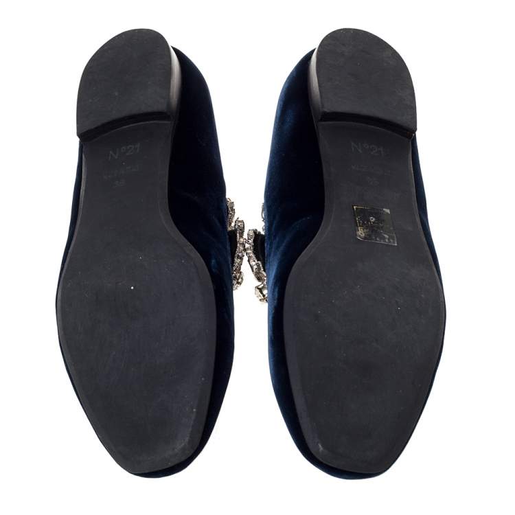 Pre Owned N°21 Blue Velvet Embellished Strappy Ballet Flats Size 39