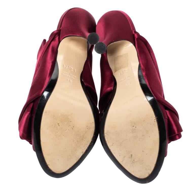 Pre Owned N21 Burgundy Satin Raso Knot Peep Toe Mules Size 38