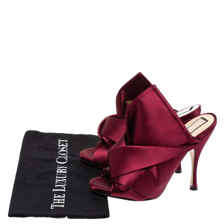Pre Owned N21 Burgundy Satin Raso Knot Peep Toe Mules Size 38